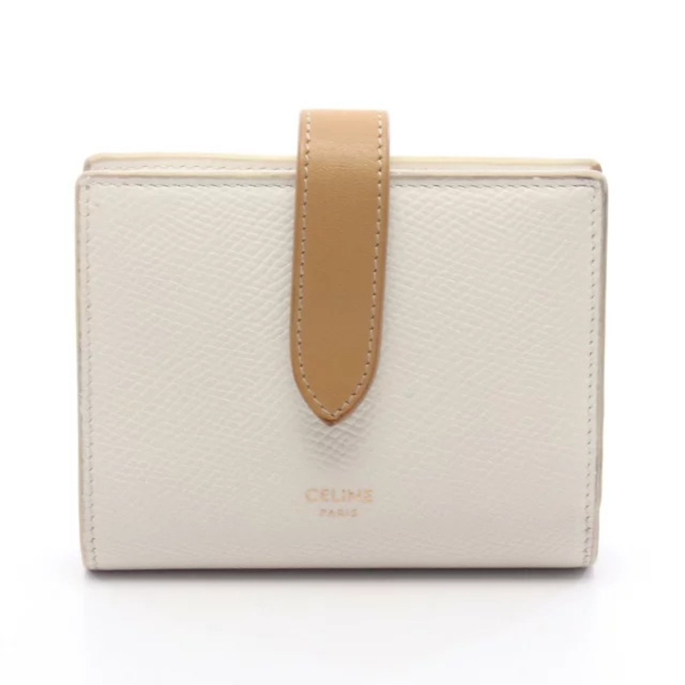 Celine Strap Wallet Bi fold Leather White Brown